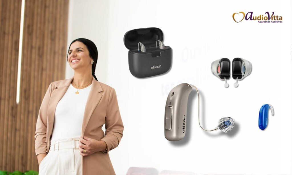 Aparelho auditivo moderno e discreto, com design elegante e tecnologia avançada